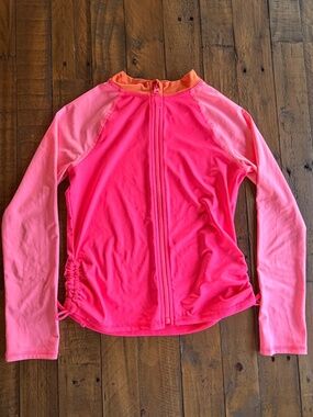 Lands’ End Girls Neon Pink Zip Rash Guard Jacket L 10/12 EUC